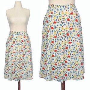 1980s Vintage Floral Skirt Pockets 80s Cream Midi Colorful Flowers Large Size L